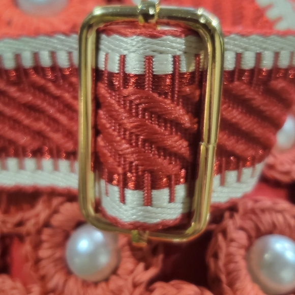 Sharif Red Crochet Crossbody Bag with Pearl Accents - Picture 4 of 11